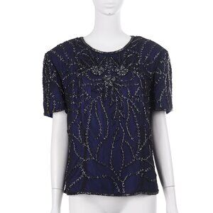 NWT ADRIANNA PAPELL Boutique Evening Top XL Blue Silk Black Beaded Short Sleeve